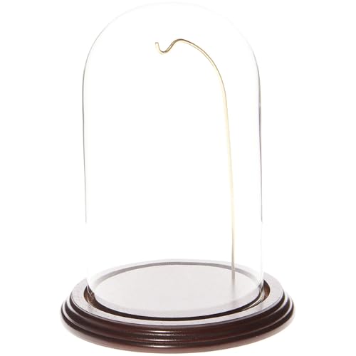 Plymor 4.5" x 8" Watch/Ornament Glass Display Dome Cloche (Dark Mahogany Veneer Base & Gold Wire) - color: Mahogany Base / Gold Wire