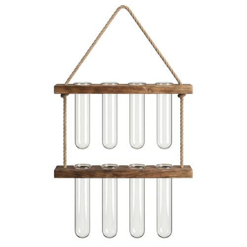 1-Piece Wall Hanging Planter, 2 Tier Glass Test Tube Vase with Wooden Stand for Hydroponic Plant Propagation