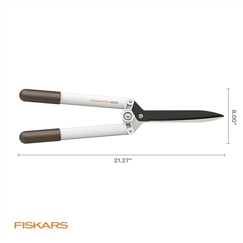 Fiskars 21" PowerLever Hedge Shears, Lightweight Garden Trimmer, White | White Color for Visibility, Power-Lever Reduces Cutting Effort on Shrubs & Bushes, Lightweight FiberComp, Non-Stick Coating - style: Hedge Shears