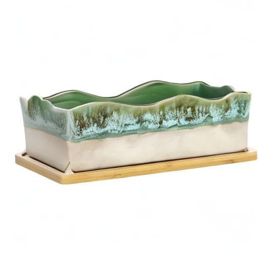 MyGift Beige Green Ceramic Glazed Rectangular Succulent Planter Pot - size: 10 Inch