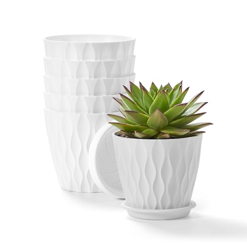 FaithLand 6-Pack 6-Inch Plastic Plant Pots with Saucers | Thickened PP Material, Modern Wave Texture, Enhanced Drainage for Indoor/Outdoor Garden Plants | White Value Set - color: White