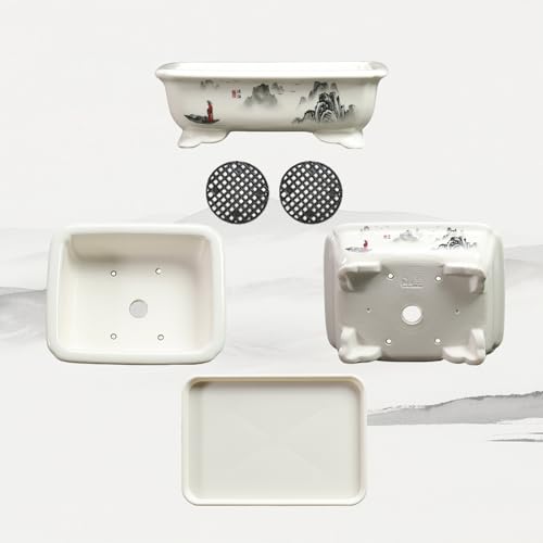 Bonsai Pots with Drainage Tray, 6" Rectangular Chinoiserie Decor - color: White-2