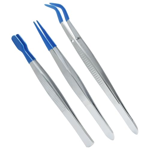 Curved Tweezers, 3 Pack, Silicone Rubber Bent Tip PVC Coated | Soft Tip, Non Marring, Stainless Steel, For Jewelry Crafts/Electronics