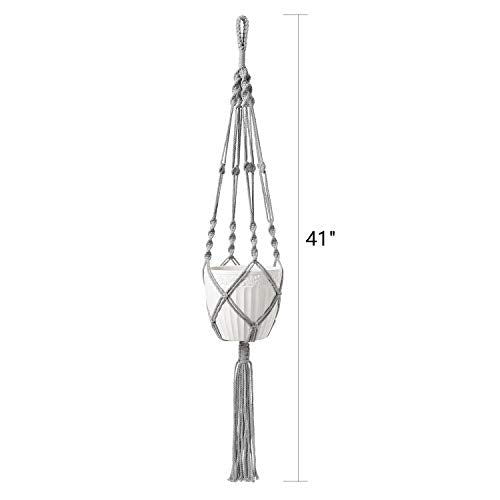 Mkono Macrame Plant Hangers Indoor Outdoor Hanging Planter Basket Cotton Rope 4 Legs 41 Inch, 1 Pack, Grey