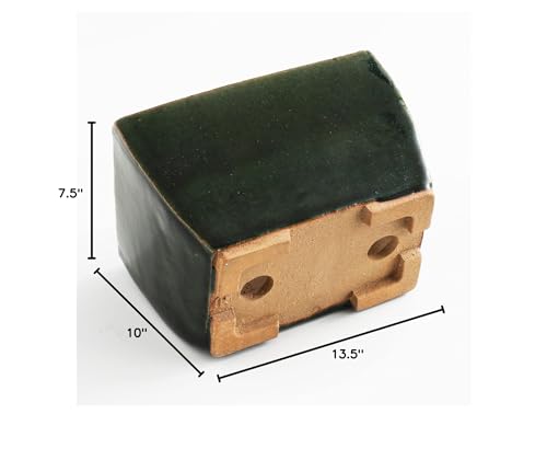 Wazakura Tokoname Series Small Handmade Rectangular Olive Green Glazed Bonsai Pot with Drainage Holes 5.3 in (135 mm) Made in Japan, Ceramic Garden Container, Decorative Flower Planter