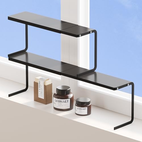 Extendable Small Narrow Shelf for Windowsill Kitchen, Spice Rack Organizer - color: Black