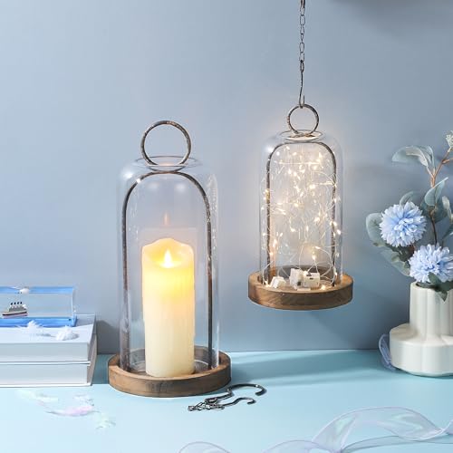 16" High Versatile Rustic Brown Metal Candle Holder with Handmade Sturdy Glass Dome And Shabb Brown Wooden Base for Pillar Candle & Plants, Industrial, Farmhouse, Shabby Chic, Display Cloche Bell Jars - color: Brown, size: 7"x16"
