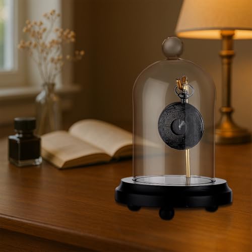 PH PandaHall 4.5" x 6.6" Pocket Watch Display Case Watch Glass Display Dome Cloche Clear Bell Jar with Solid Wood Base with Golden Metal Hook for Pocket Watch Medals Collectibles Photos Ornaments