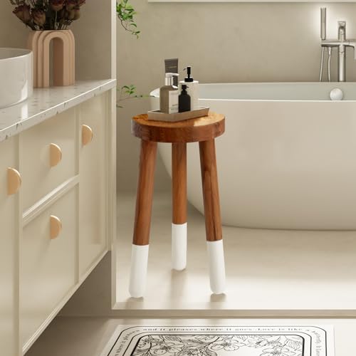 Teak 11.8" Round Dip Dyed Teak Stool | Wood Accent Side Table | Wood Plant Stand (20" Tall White) - color: 20" Tall White