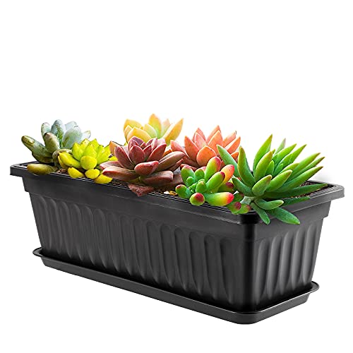 HAKZEON 6 Pack 17 Inches Plastic Flower Box Planters with Trays, Countryside Flower Window Boxes with 30 Plant Labels, Black Rectangular Vegetable Planters for Windowsill, Porch, Balcony, Garden - color: Black