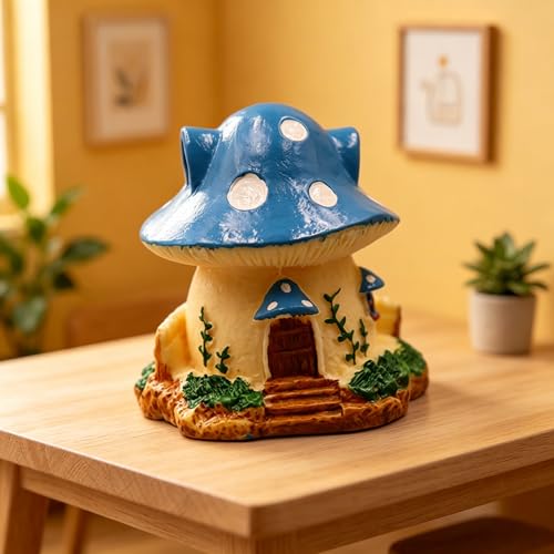 Mushroom House Miniature Ornament, Resin Villa Decor for Micro Landscape and Home Display Blue