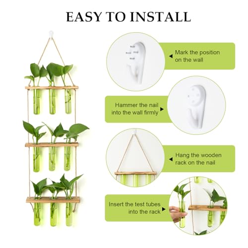 XXXFLOWER Wall Hanging Propagation Station with Wooden Stand 15 Glass Test Tubes+9 Green Test Tubes Vases Tiers Planters Wall Terrarium