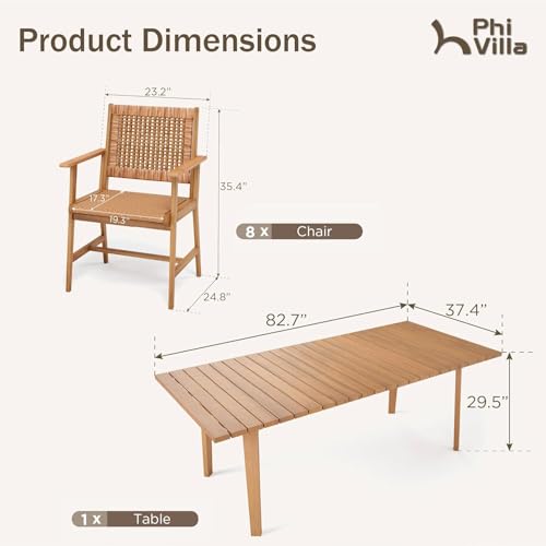 PHI VILLA Outdoor Dining Set, Acacia Wood Construction Teak 9 Piece - color: Bright Brown, size: 8 Seats