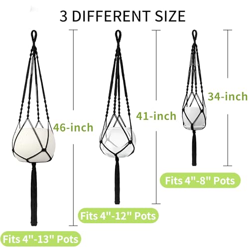 Macrame Plant Hanger - Fits 4-13 Inch Pots, 3-Pack, Black - color: 34+41+46in Black
