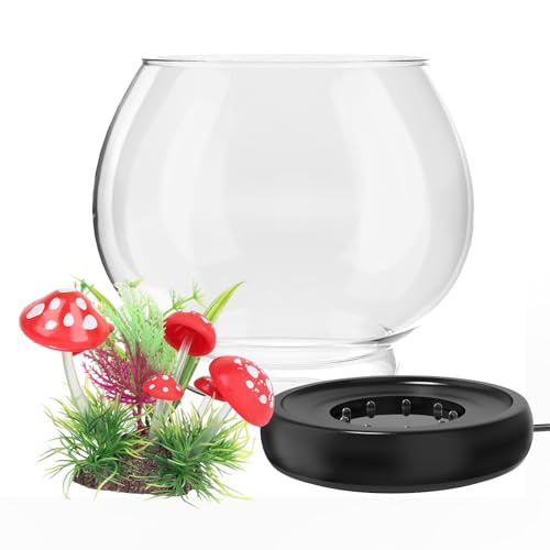 hygger 0.5 Gallon/1 Gallon Glass Fish Bowl with LED Light and Decor, Small Round Betta Fish Tank Goldfish Bowl, Round Clear Unbreakable Aquarium/Vase/Hydroponic Plant Terrarium, Nice Centerpieces - size: 0.5 Gallon Fish Bowl with Mashroom