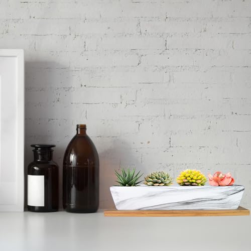 ARTKETTY Succulent Pots, 9.8 Inch Ceramic Succulent Planters with Drainage Small Bonsai Pot with Bamboo Tray, Mini Cactus Flower Planter Pot Shallow Rectangular Window Planters for Indoor Plants - color: Marble White