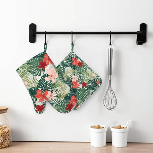 Tropical Floral Oven Mitts and Pot Holders for Heat Resistant Hawaiian Plant Silicone Oven Mittens and Jungle Palm Leaf Hibiscus Potholders Gloves Hot Pads for Kitchen Cooking Baking Grilling - color: Red Green