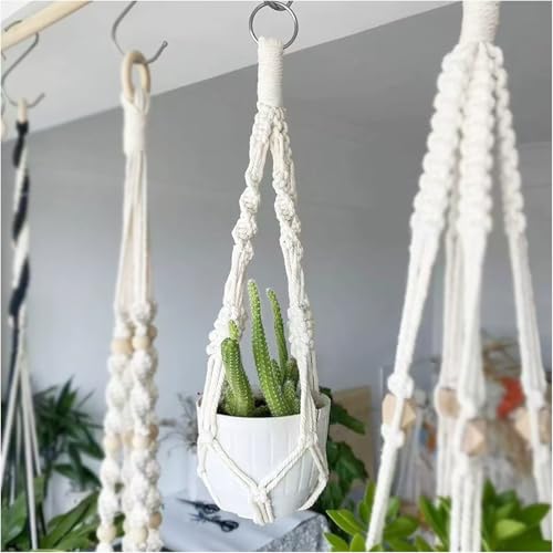 RLECS 2PCS Length 55cm Hand Woven Cotton Horticultural Plant Pot Net Pouch Hanger Plant Suspended Basket with Metal Ring Suitable for Indoor Decoration