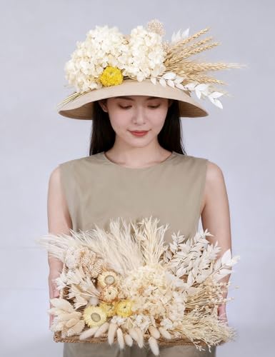 xin's convey Natural Dried Flower Set, Bulk Dried Flowers with Stems, Dried Daisies, Dried Rabbit's Tail Grass,Mini Bouquet.(White) - color: White