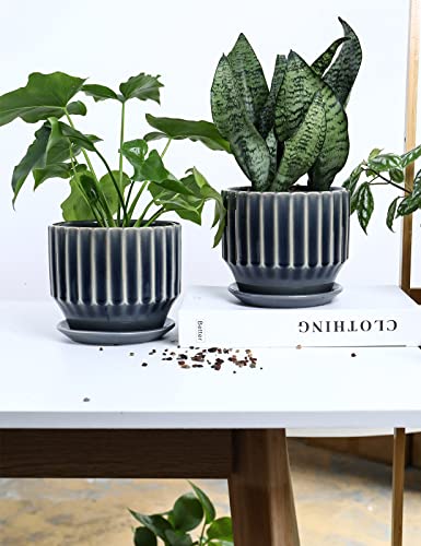 AISBUGUR Plant Pots 6 inch Ceramic Pots for Indoor Plants Set of 2 Flower Pots Unique Crackle Glaze Design Plant Pots with Drainage Hole and Saucer Come with Drainage Nets (Grey) - color: Gray