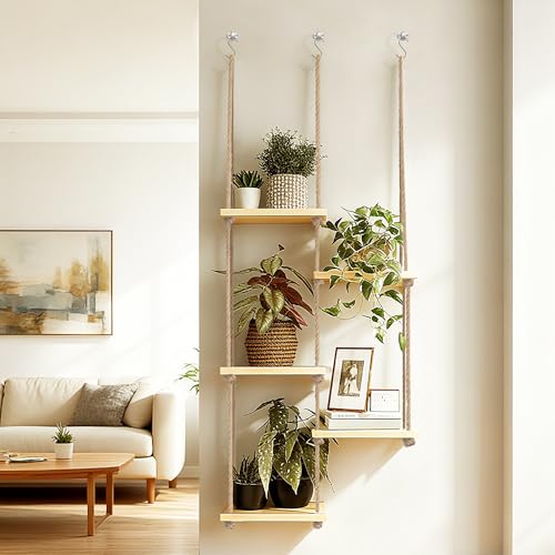 Window Plant Shelves 5 Tier Hanging Plant Shelf for Indoor Plants 3-In-1 Ceiling Wall Curtain Rod Mounting Space-Saving Plant Holder for Living Room Wall Bedroom Home Decor