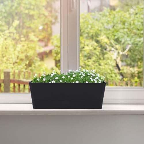 GREANER Black Rectangle Window Boxes, 3 Pack 12x3.8 Inch Herb Planters with Tray, Indoor Succulent Cactus Mint Plastic Pot for Windowsill, Garden Balcony, Office Outdoor Decoration - size: 3Packs/12x3.8in-black