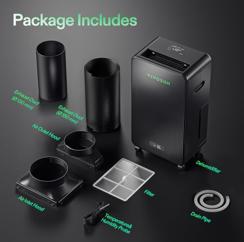 VIVOSUN AeroDrain D12 Smart Dehumidifier Up to 12L/day for Grow Tents | Temperature & Humidity Monitoring, Smart App Control, Sensor Probe, Grow System Compatible, Auto Restart