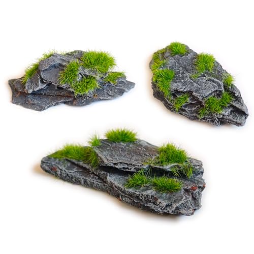 Miniature Moss Stones for Terrarium - Tree Bark Diorama Rocks for Miniature Terrain Display - Lightweight Reptile Habitat Decor - NOT for Aquarium Underwater Use - 24 Pcs Flocking-Covered (1-2 inch) - style: 24P Flocking Slate Rocks (Wooden)