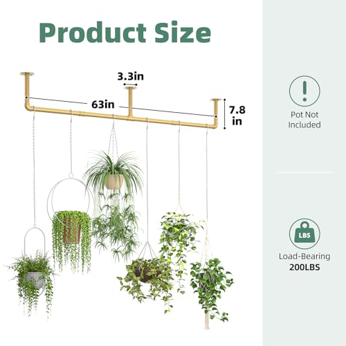 Plant Hanger Indoor Hanging Planters for Indoor Plants | Hanging Plant Holder Window Plant Rod Gold Metal Shelves 63 Inch (Pot/Chains not Included - size: Gold 63 in
