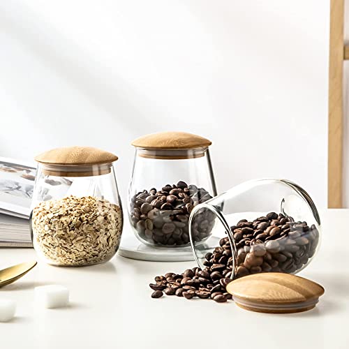 400 ML/13 FL OZ Clear Cute Glass Storage Canister Holder with Airtight Bamboo Lid, Round Modern Decorative Small Container Jar for Coffee, Spice, Candy, Salt, Cookie, Condiment, Pepper, Sugar - size: 400 ml (13 fl oz)
