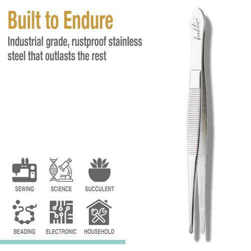 Beaditive 5.5-inch Sewing Machine Tweezers Set (3-pc) Serrated Straight Tips | Professional Grade, High Precision | Stainless Steel