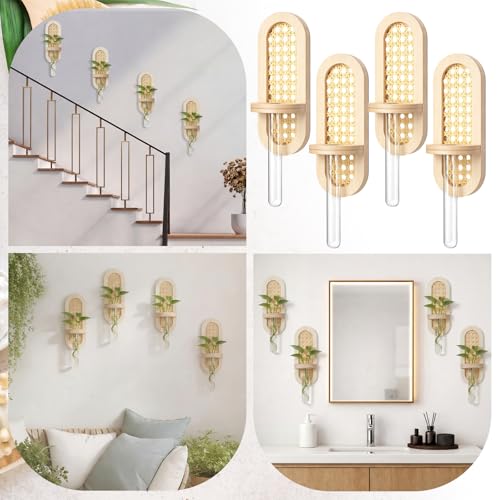 4 Pcs Wooden Rattan Wall Propagation Vases 8 Inch Wood Wall Vase Set Natural Boho Hanging Plant Flower Display for Hydroponics Plants Home Office Living Room Decor