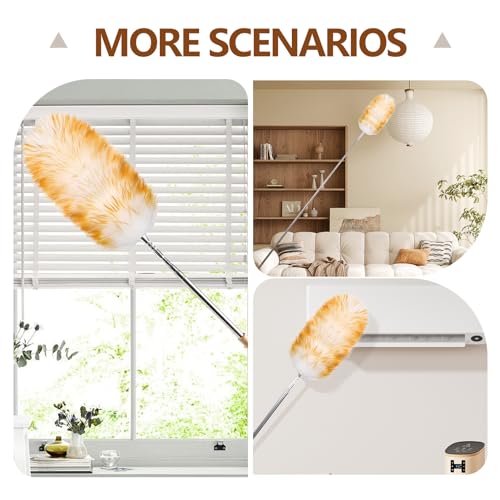 Lambswool Duster for Cleaning with Solid Wooden Handle Leather Hang Strap 87.8" Removable Retractable Feather Duster for Cleaning Ceiling Fans Window Blinds Interior Roof Furniture(2 Pack) - size: 87.8Inch