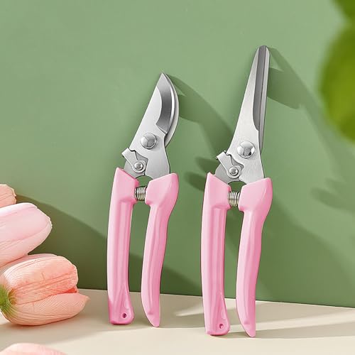 2pcs Garden Flower Shears Pruning Shears 6.9 inches Scissors Lightweight Plant Scissors for Cutting Flowers, Trimming Plants, Bonsai, Fruits Picking - style: Pink handle Straight and Bypass