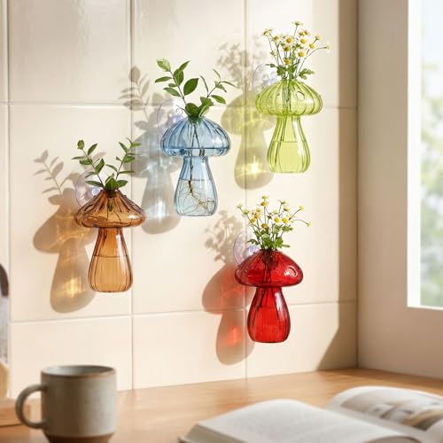 LemonRoad 8 Pcs Mushroom Window Propagation Stations with Suction Cups Cute Glass Wall Hanging Planter Holder Flower Vases Hydroponic Bud Terrarium Jar for Indoor Window Living Room Home Office Decor