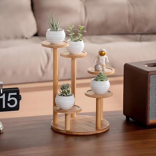 5 Tiered Desk Plant Stand Round Bamboo Plant Shelf Tabletop Succulent Herb Stand Desktop Plant Stand Indoor Plant Rack for in Living Room Office Decoration - Large - size: Large