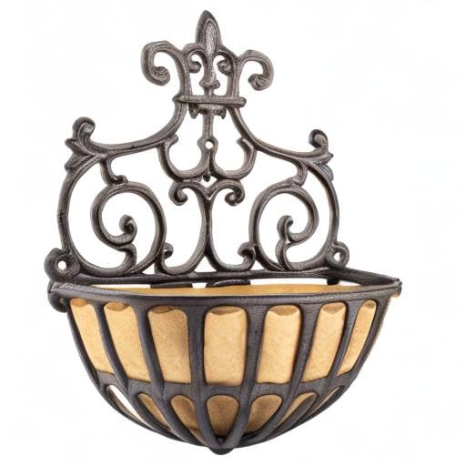 Sungmor 2PC Small Cast Iron Baskets, Heavy-Duty Wall Hanging Hollow Planter w/Fabric Liner, Antique Victoria Half Round Wall Pot Plants Holder, Outdoor Railing Fence Balcony Hanging Basket Flower Pot | Antique Victoria Half Round Wall Pot Plants Holder, O