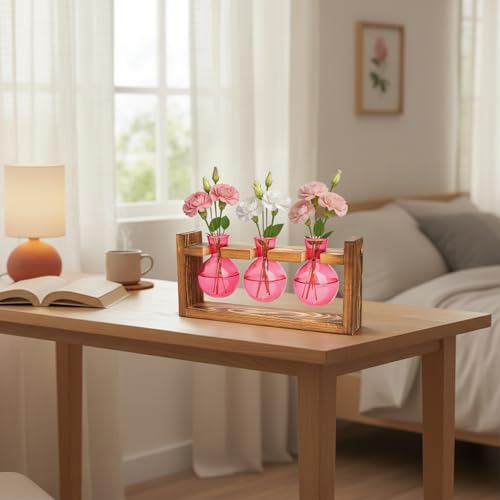 XXXFLOWER Plant Terrarium Jar Propagation Station Stand 3 Pink Bulb Vases - color: Pink
