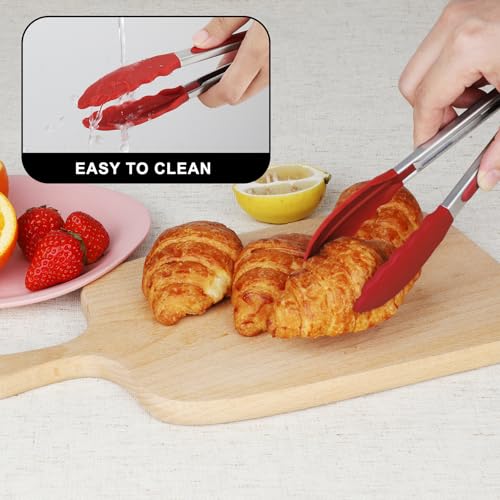 Hotec Mini Silicone Kitchen Tongs for Cooking - 7-Inch Small Serving Tongs with Silicone Tips, Set of 3 (Red) - color: Red