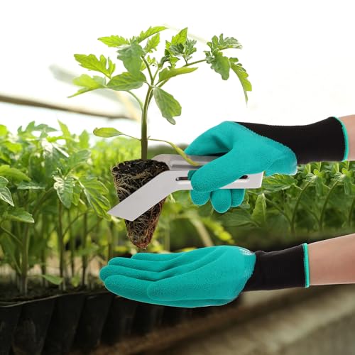 Reallnaive 4 Pcs 6.7 Inch Seedling Transplant Tongs with Gardening Gloves 2 Stainless Steel Gardening Plants Transplant Tongs 2 Rubber Coated Protective Gloves with Grip for Reducing Root Damage