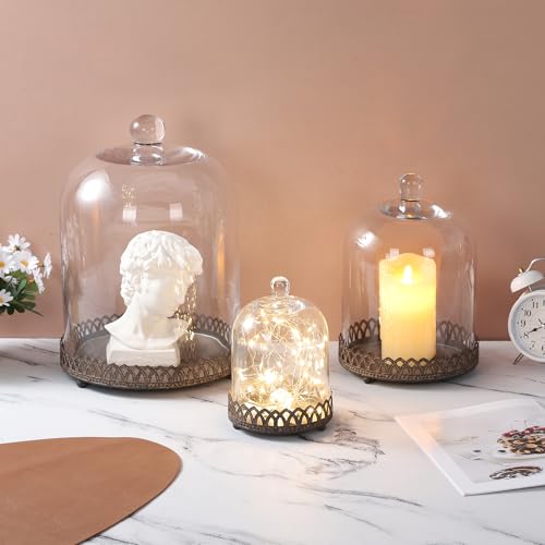 Twakutwku 14" Tall Large Sturdy Handmade Glass Cloche Dome with Metal Base in Rustic Brown for Plant, Terrarium, Collectibles, Candle. Cloche Glass Dome, Bell Jar Display Case (Brown, 14") - color: Brown, size: 14"