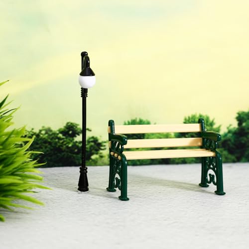 SEWACC Mini Bench and Miniature Street Lamp Set 1.96X1.37X0.90In Mini Furniture for Dollhouse Park Stool and Lamp Post Decor for Dollhouse Accessories and Garden Scene Layout