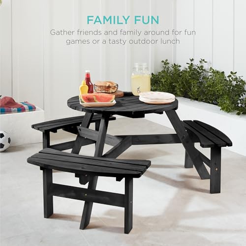 Best Choice Products 6-Person Circular Outdoor Wooden Picnic Table for Patio, Backyard, Garden, DIY w/ 3 Built-in Benches, 500lb Capacity - Black - color: Black