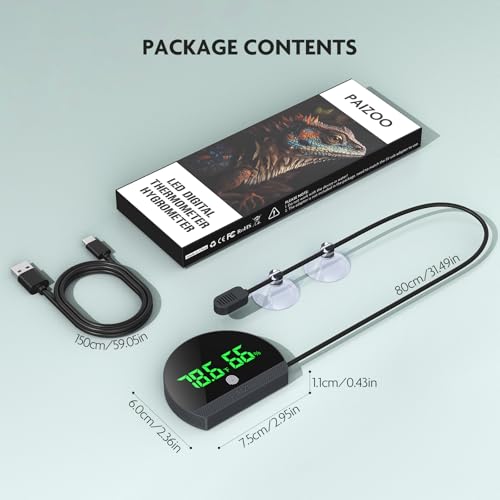PAIZOO LED Rechargeable Reptile Thermometer Hygrometer, Always-on Display