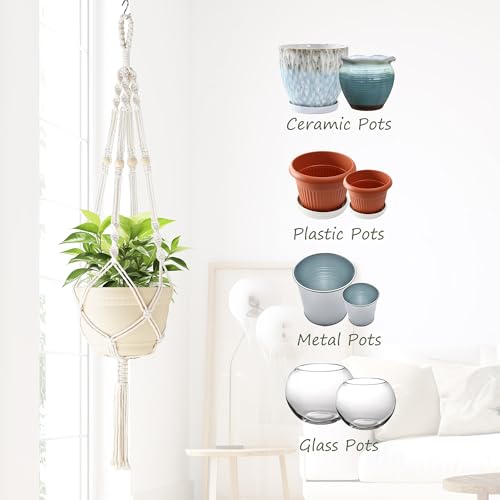 41 Inch Macrame Plant Hanger Indoor Hanging Plant Holder Ivory 2Pcs | Macrame Hanging Planter with Wood Beads and Tassels,Boho Home Decor, Indoor & Outdoor Use, Pots Not Included