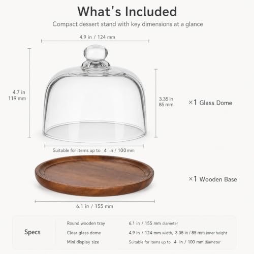 QWORK 6 Inch Small Cake Stand with Glass Dome, 6.1" Wood Serving Tray and Clear Cloche for Cupcakes, Dessert, Cheese, Pastry – Decorative Tabletop Display Plate