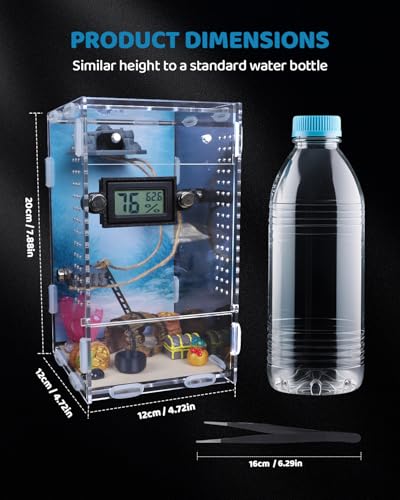 DIY Jumping Spider Enclosure,4.7"x4.7"x7.9" Escape-Proof Spider Terrarium,Small Invertebrate Acrylic Accessories Set,with Temperature and Humidity Detector,Platform,Hide,Tweezer,Feeding Bowl
