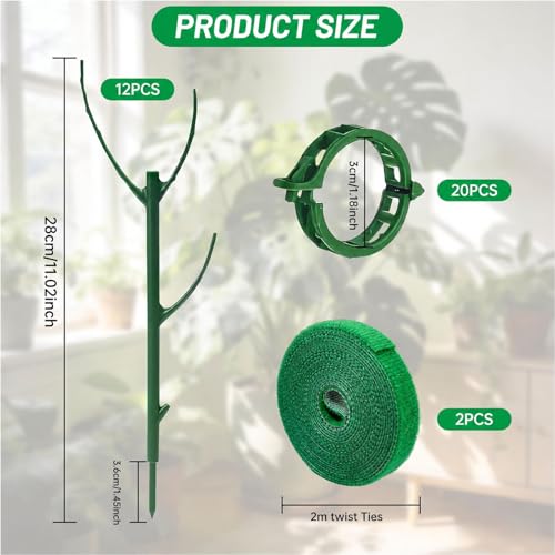 12 Pack Stackable Monstera Plant Support Poles with 20 Clips, 2 Roll Tie