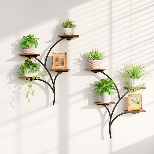 2 Pack Wall Mounted Plant Holder, 8-Tier Wall Planters for Indoor Plants | Metal and Wood Wall Planters, Easy To Assembly, Tree Style, For Display Plants, Photos & Decor