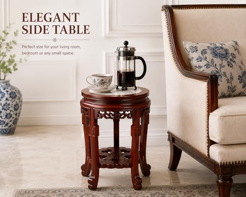 12.5" Marble Top Accent Table and Wooden Plant Stand